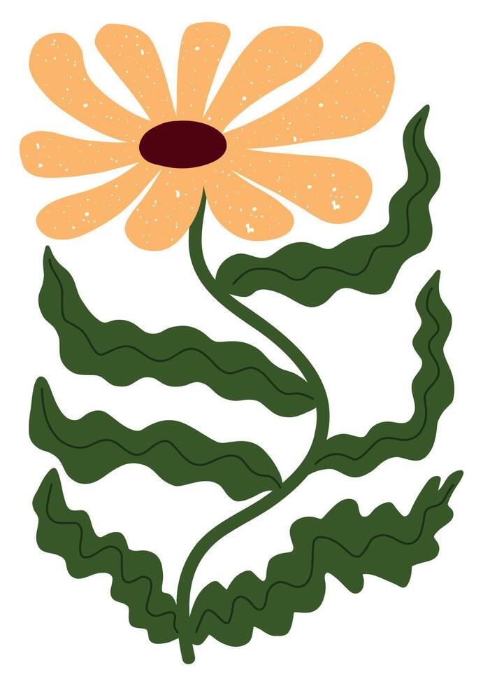 Bold and cheerful hand drawn flower with wavy green leaves and textured yellow petals. A sunny and playful design, great for posters, packaging, kids' decor, and creative floral compositions vector
