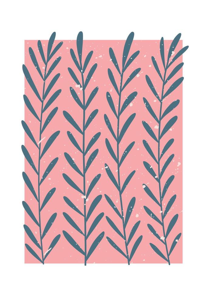 modern botanical print with hand drawn leafy branches and textured pink background for minimal wall art, scandinavian decor, nursery, or digital design vector