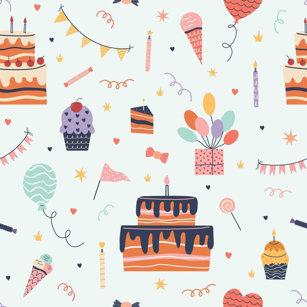 Hand drawn seamless birthday pattern with cakes, balloons, candles, ice cream, cupcakes, flags, and presents. Whimsical doodle style for party designs, surface prints, or wrapping paper. vector