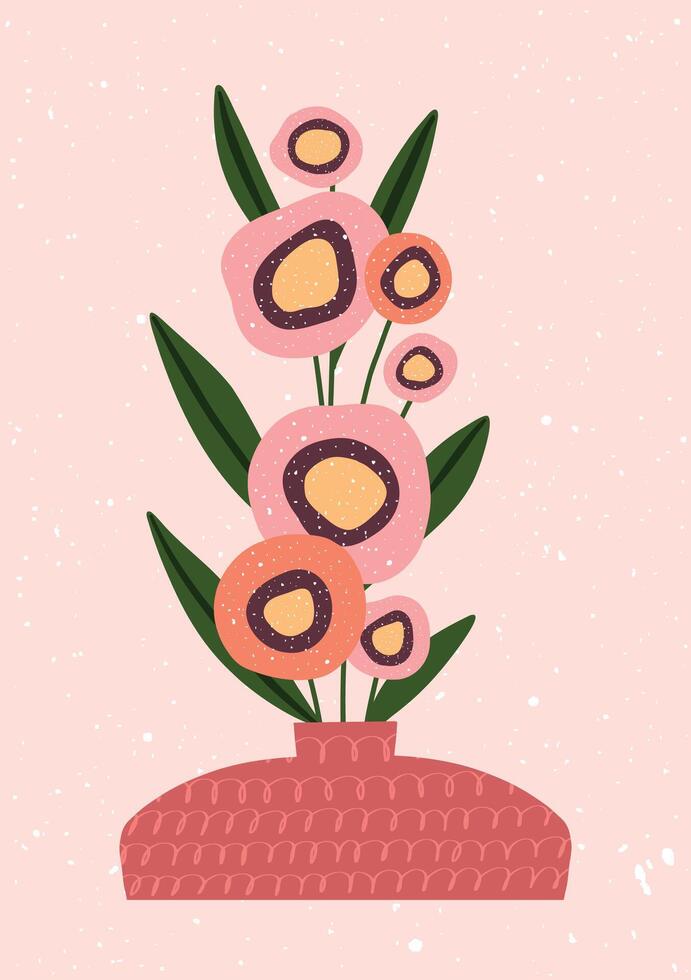 Abstract vase with round bold florals and clean green leaves. Cheerful and hand drawn. vector