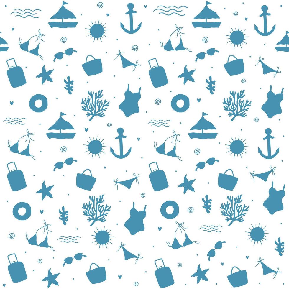 Seamless summer pattern with beach vacation icons including swimwear, coral, bags, sunglasses, anchors, boats and tropical symbols in flat silhouette style vector