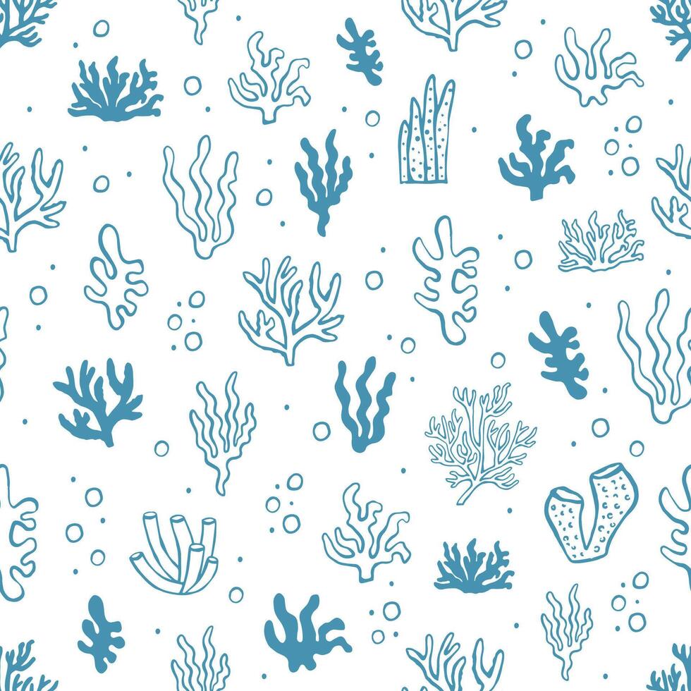 Seamless coral reef pattern with hand drawn underwater plants and seaweed elements on white background for ocean, summer, textile and wrapping design vector
