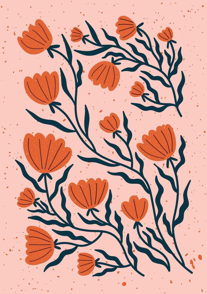 Hand drawn red flowers with dark leaves on peach background. vector