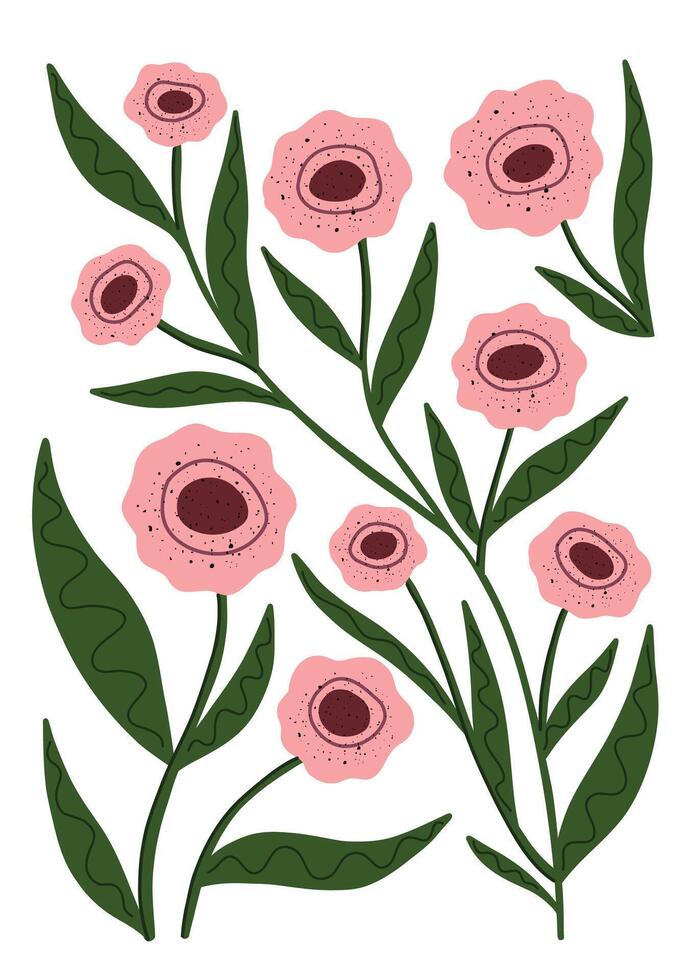 Hand drawn pink flowers with green leaves on clean white background. vector