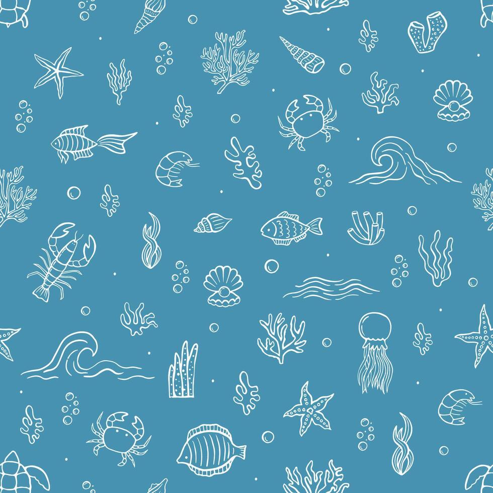 Seamless marine life pattern with hand drawn sea animals, waves, corals, shells, fish and underwater elements on blue background for summer and ocean designs vector