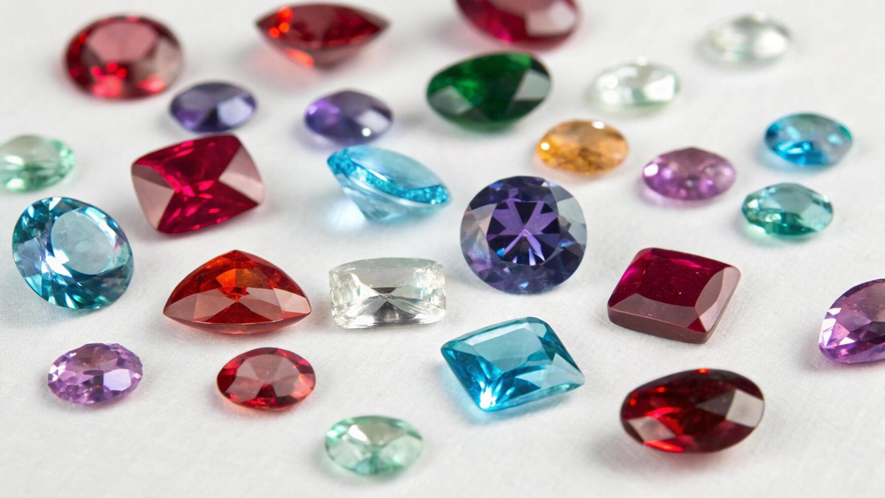 A variety of colored gems are arranged on a white surface photo