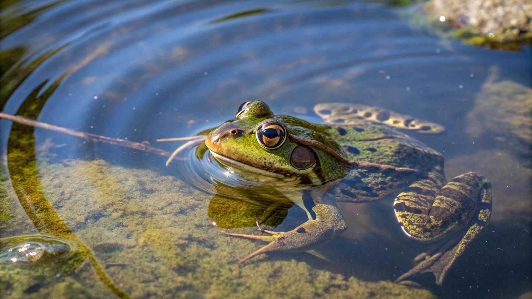 A green frog in the water with its head up photo
