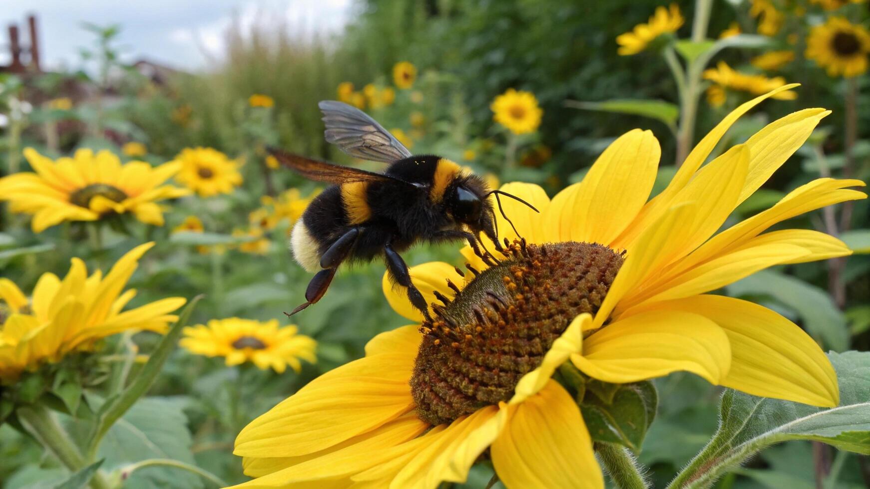 A bee on a sunflower with yellow flowers photo