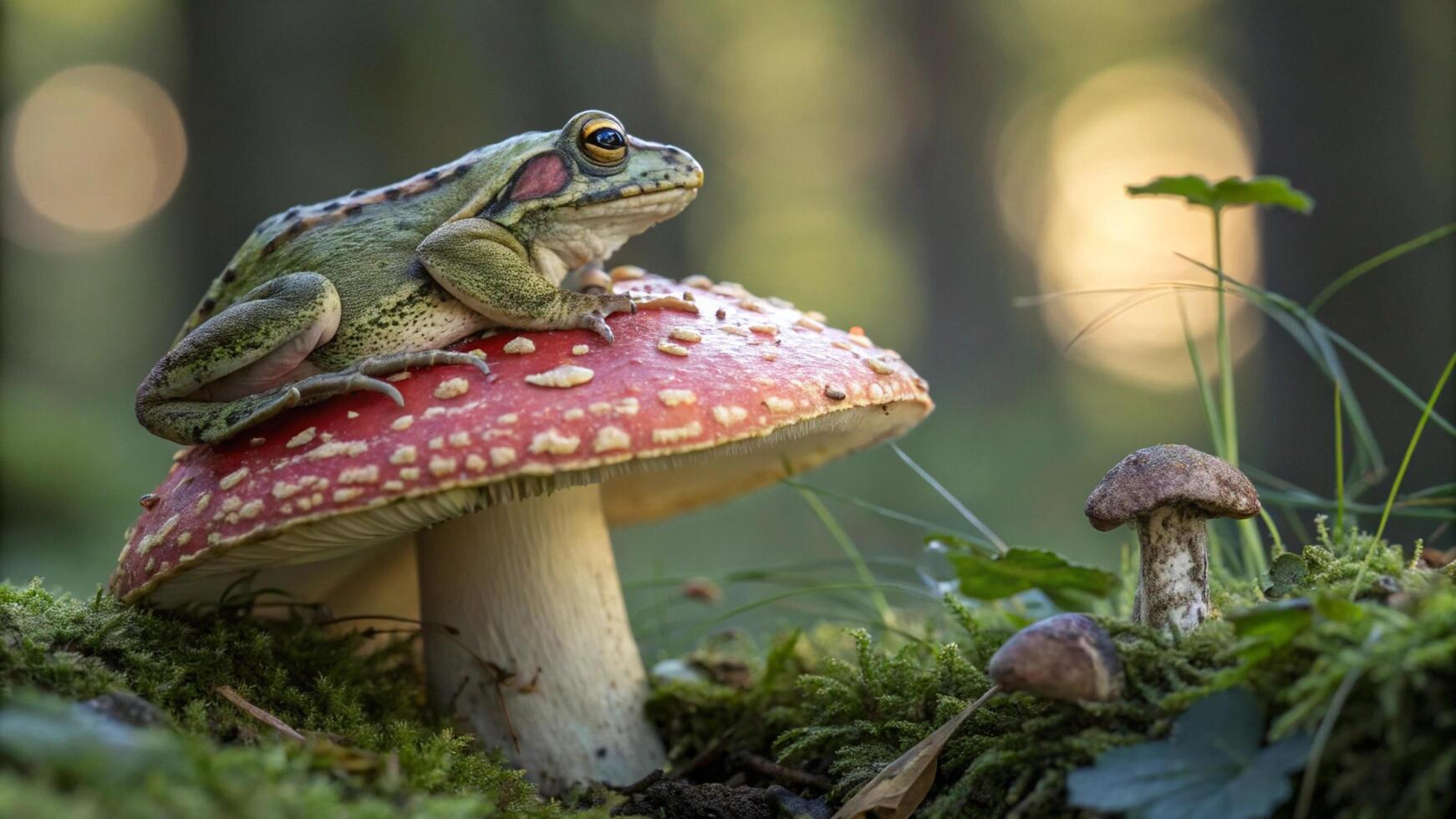 A frog sits on top of a mushroom in the forest photo