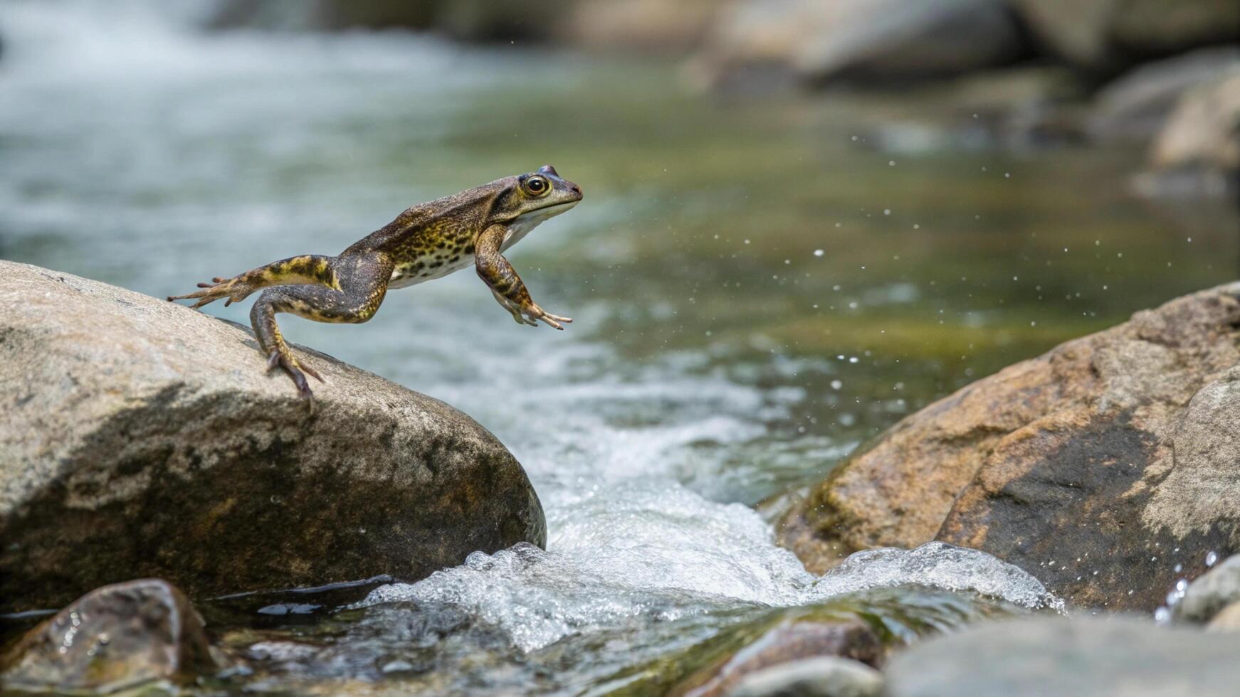 A frog jumping over a stream in the wild photo