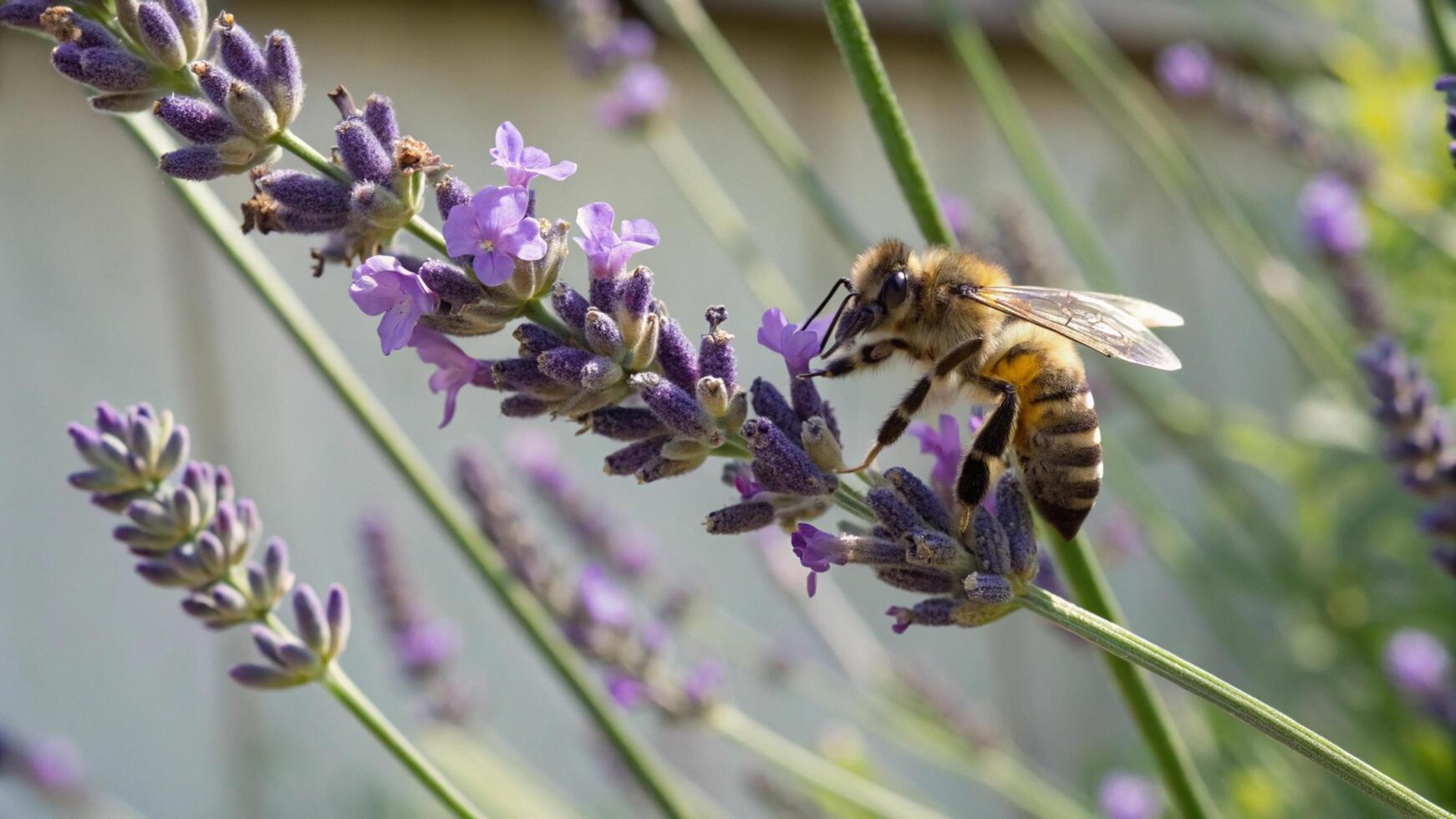 A bee is on a lavender plant and is gathering pollen photo