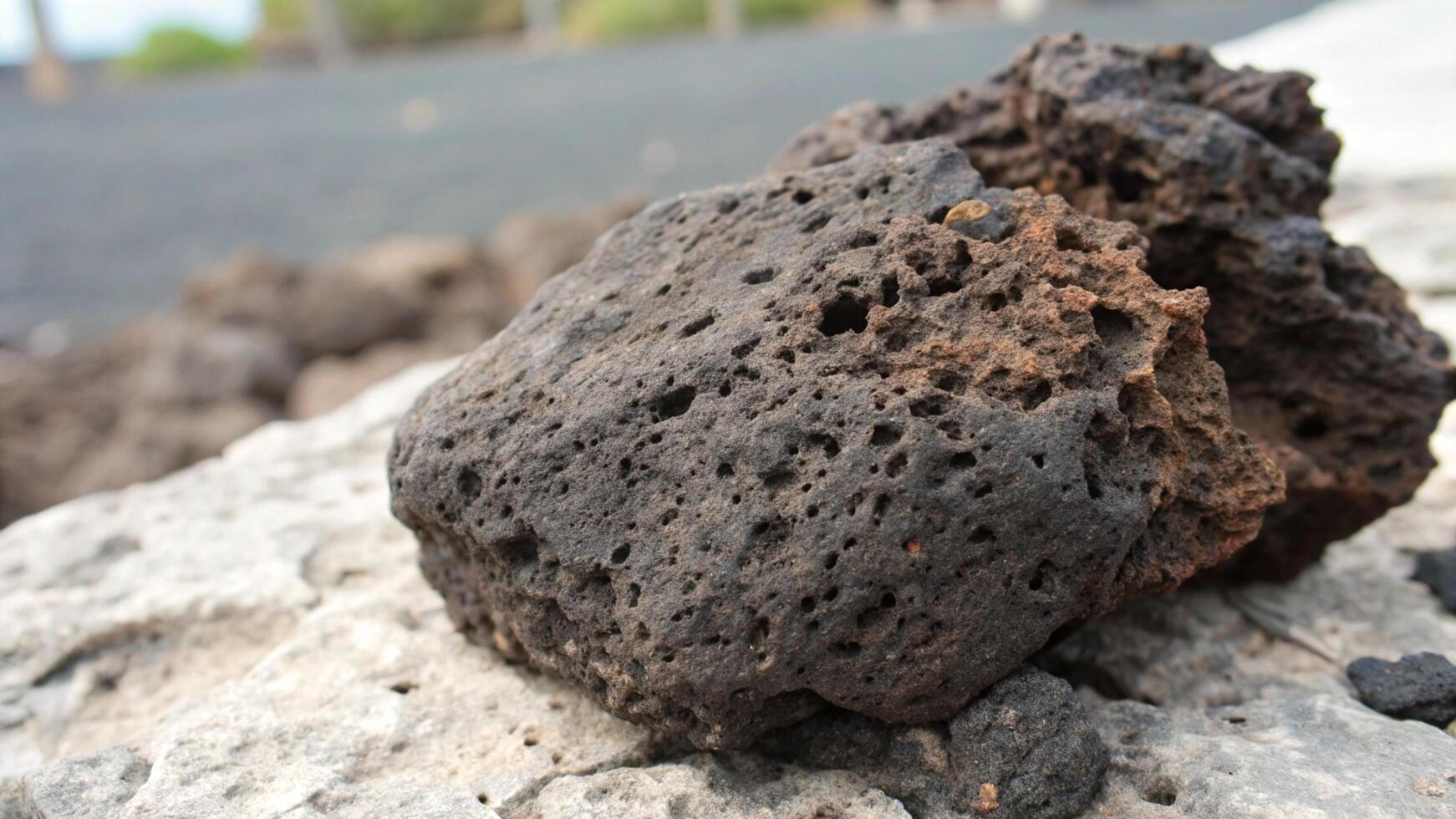 A black rock sitting on top of a gravel road photo