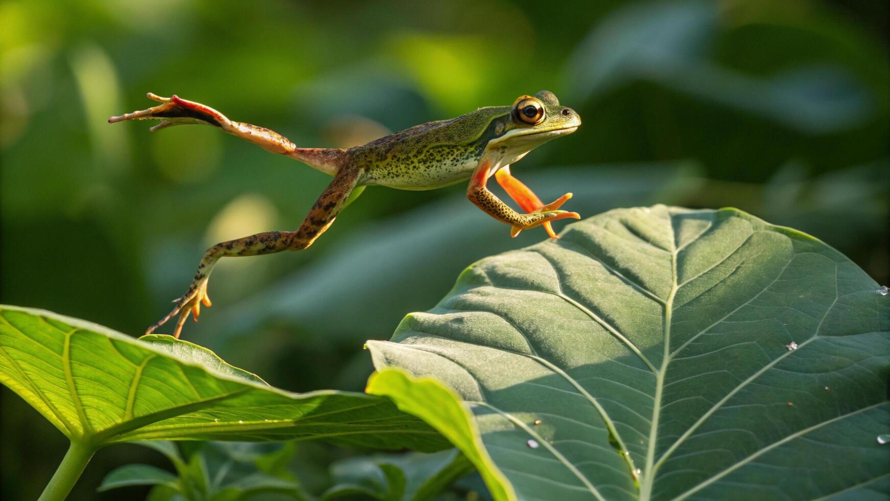 A frog jumping over a leaf in the wild photo