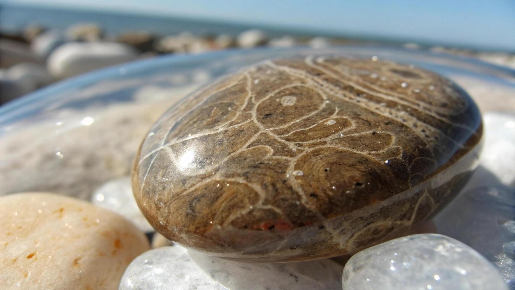A rock with a pattern on it sitting on top of rocks photo