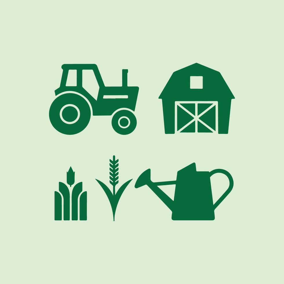 Farm Icons Tractor, Barn, Wheat, and Watering Can vector