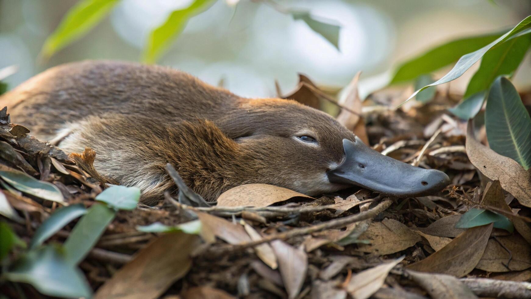 A duck laying on top of leaves in the forest photo