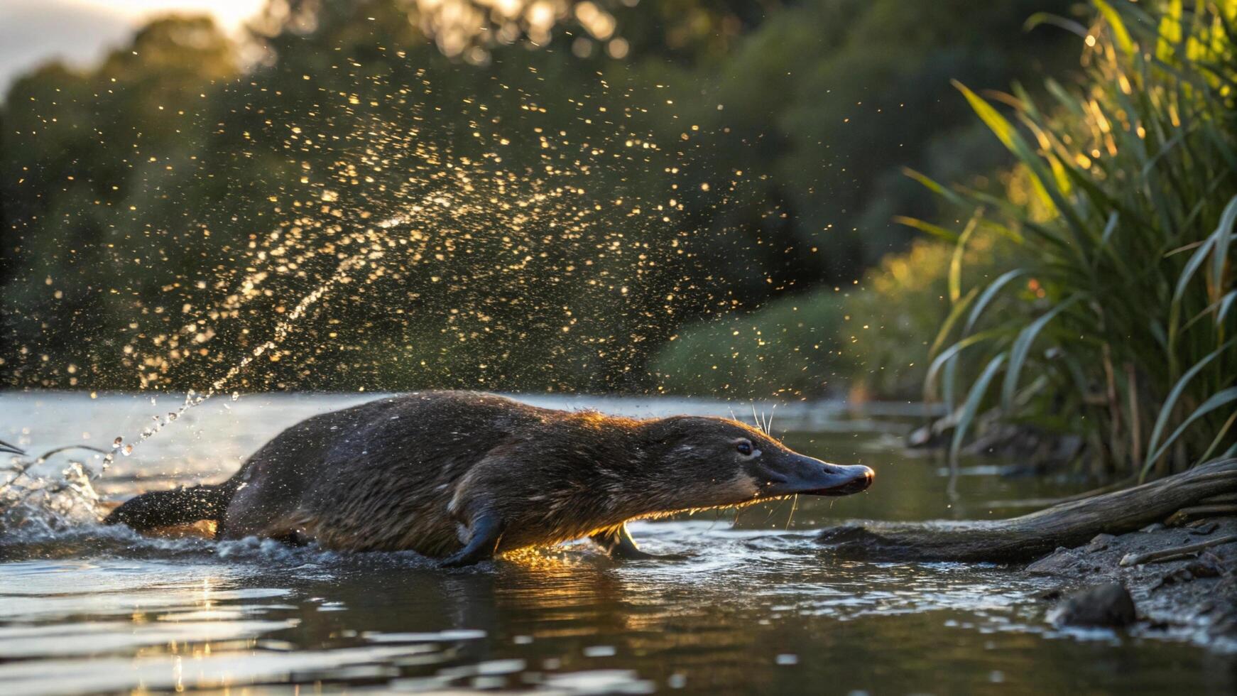 A platypus is splashing water into the air photo