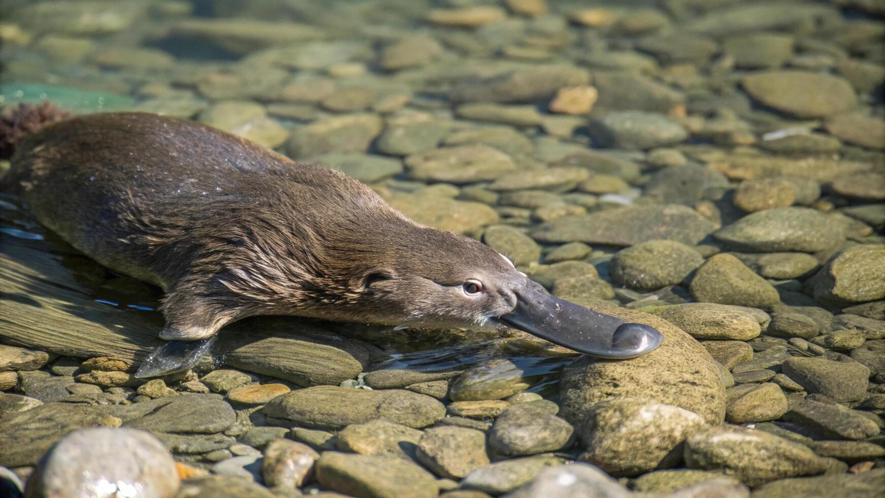 A platypus is swimming in the water photo