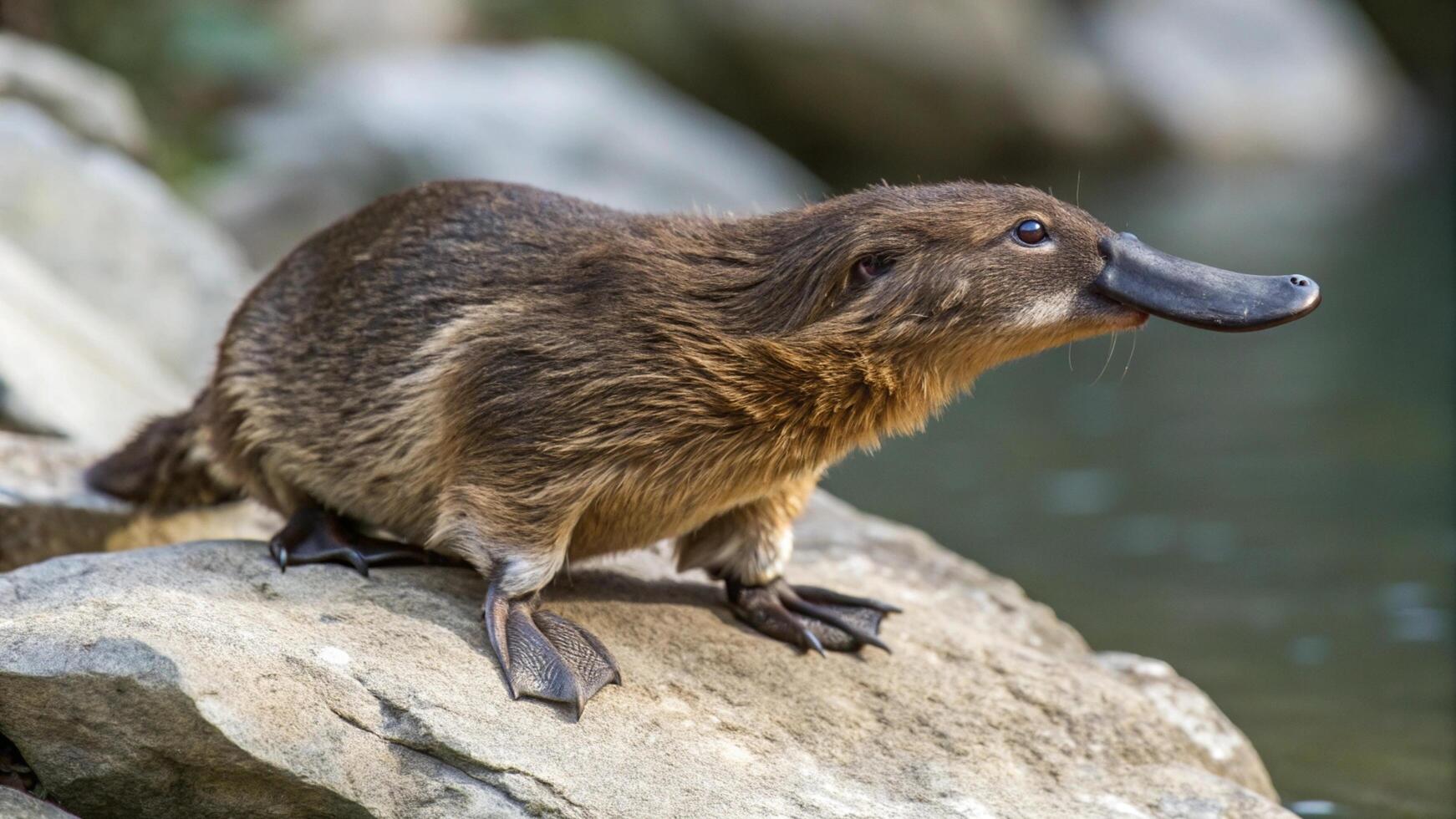 A platypus is standing on a rock photo