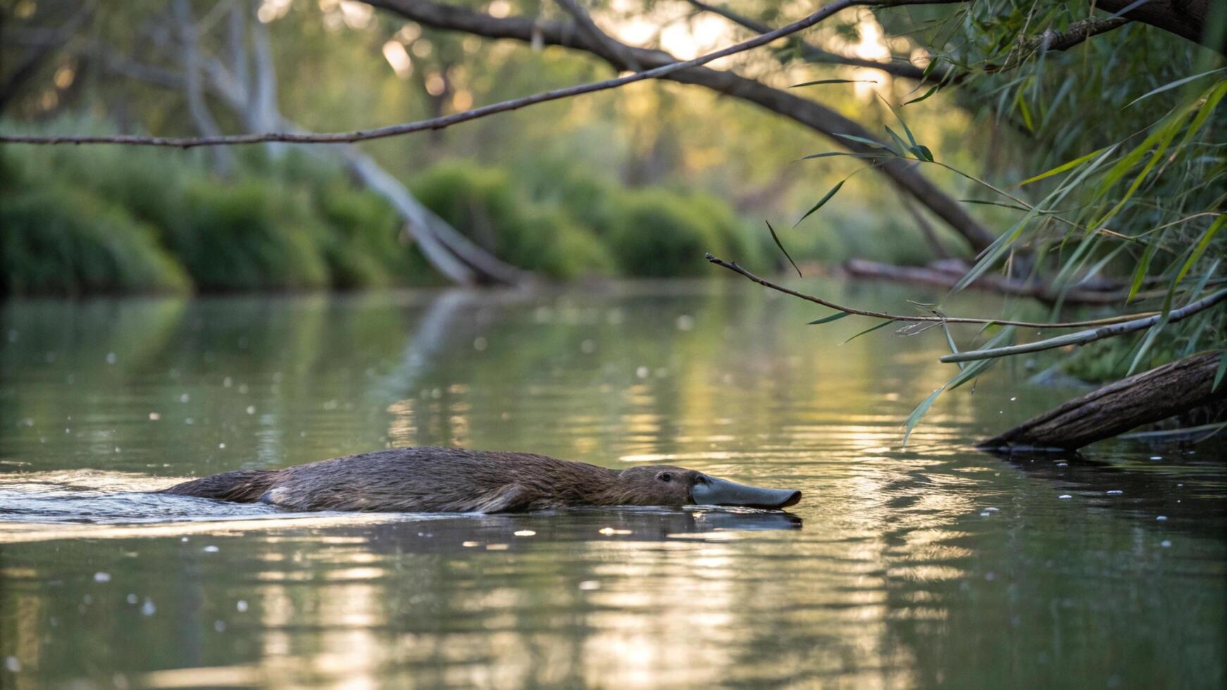 A platypus swims in the river near trees photo
