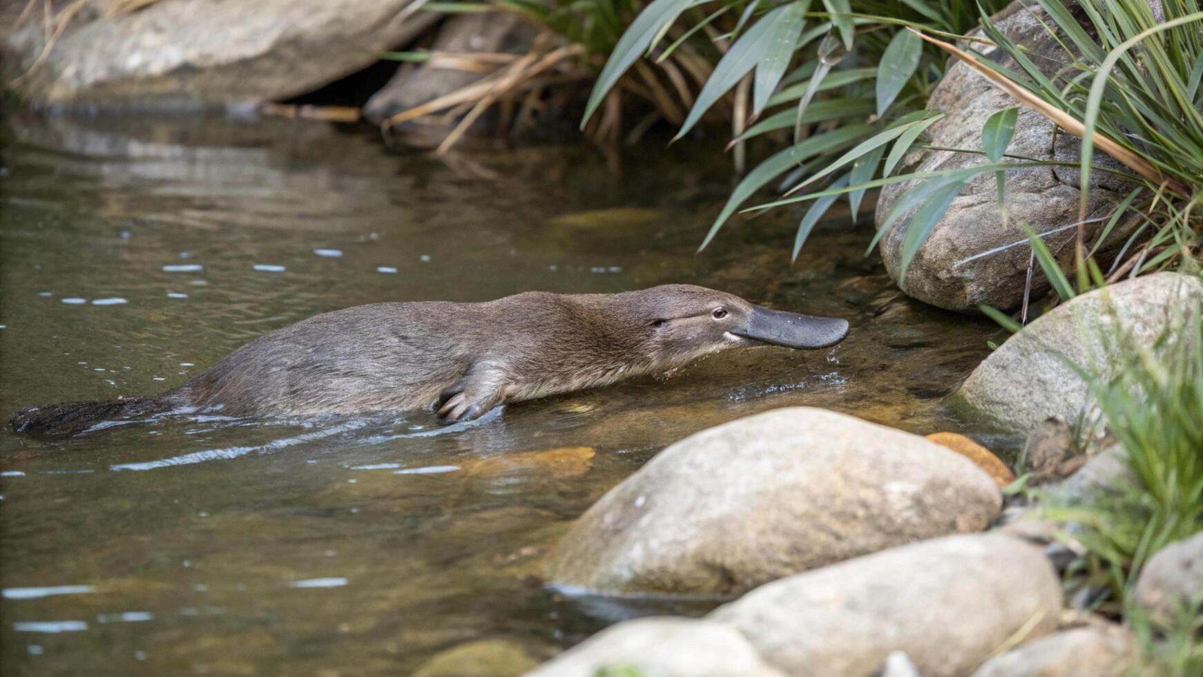 A platypus is swimming in a stream photo