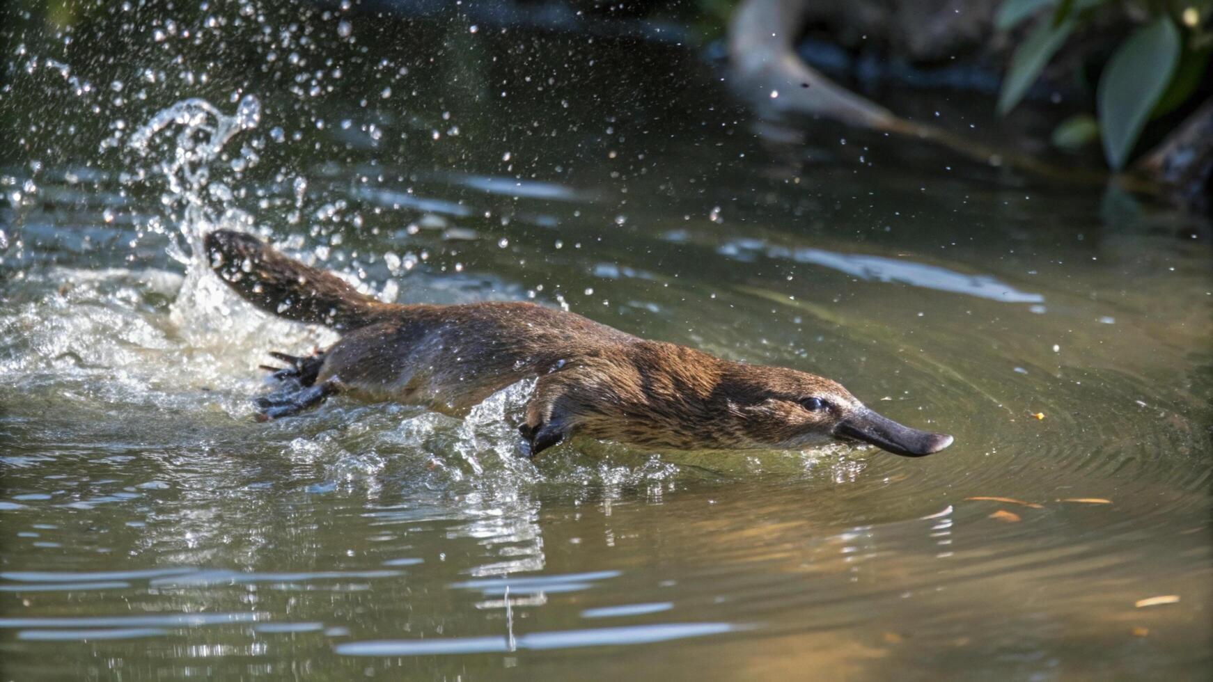 A platypus is jumping into the water photo