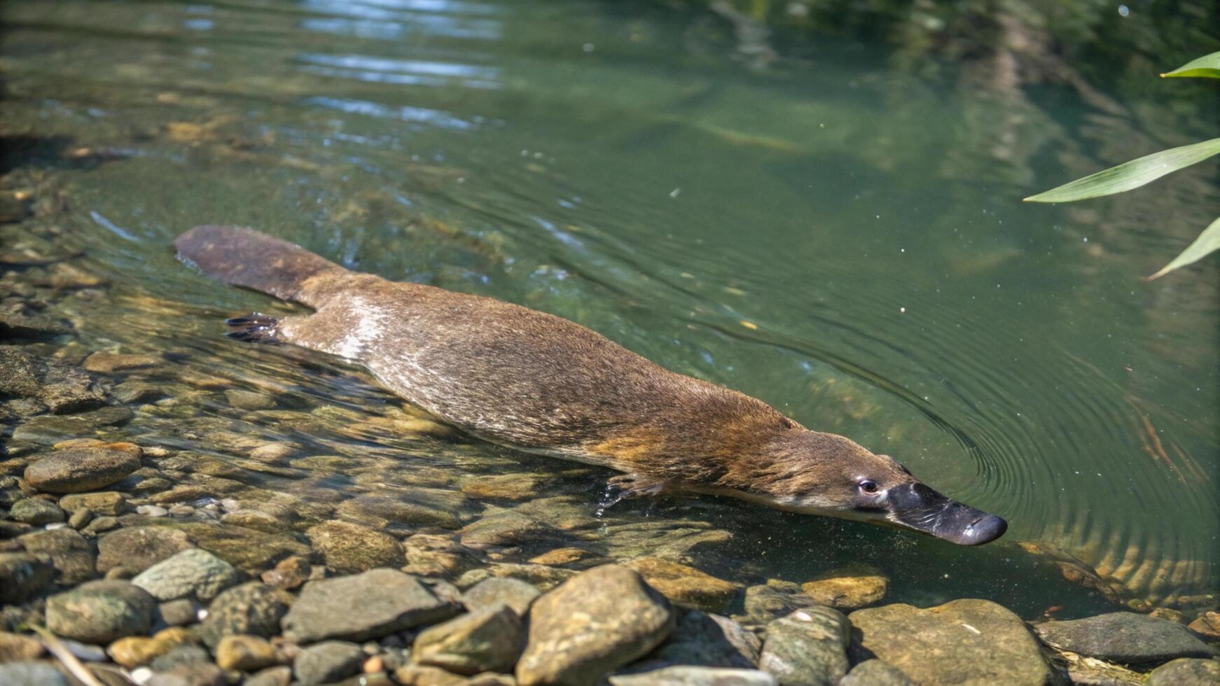 A platypus swimming in a river photo