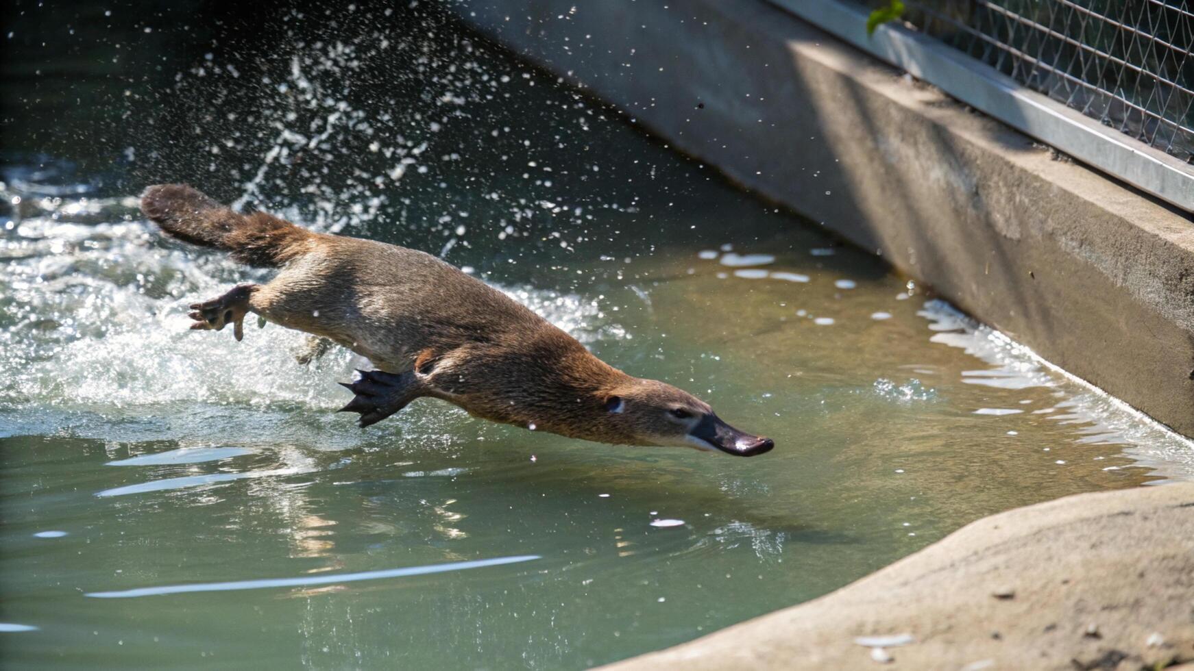 A platypus jumping into the water photo