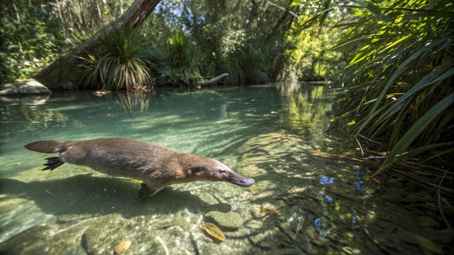 A platypus swims in the water near a river photo