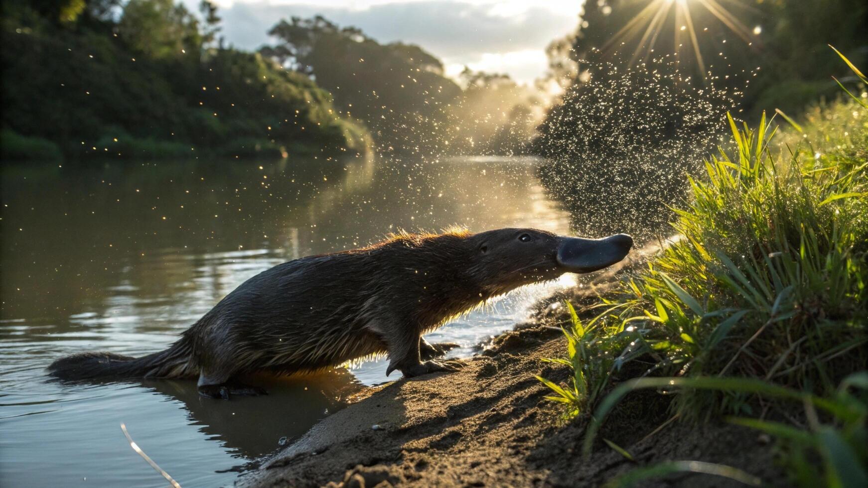 A beaver is standing in the water with its mouth open photo