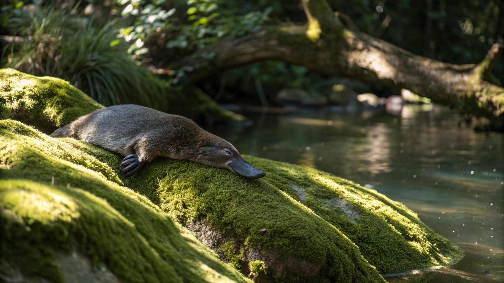 A platypus resting on a rock in the water photo