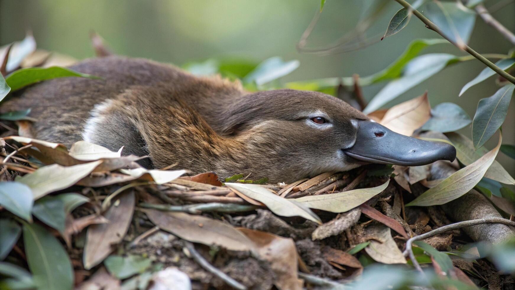 A duck laying in a nest with leaves photo