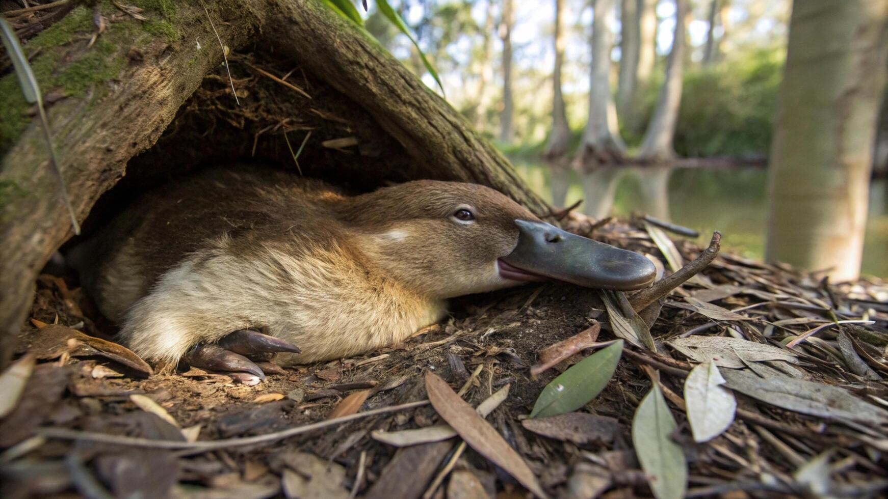 A duck is laying in a nest in the woods photo