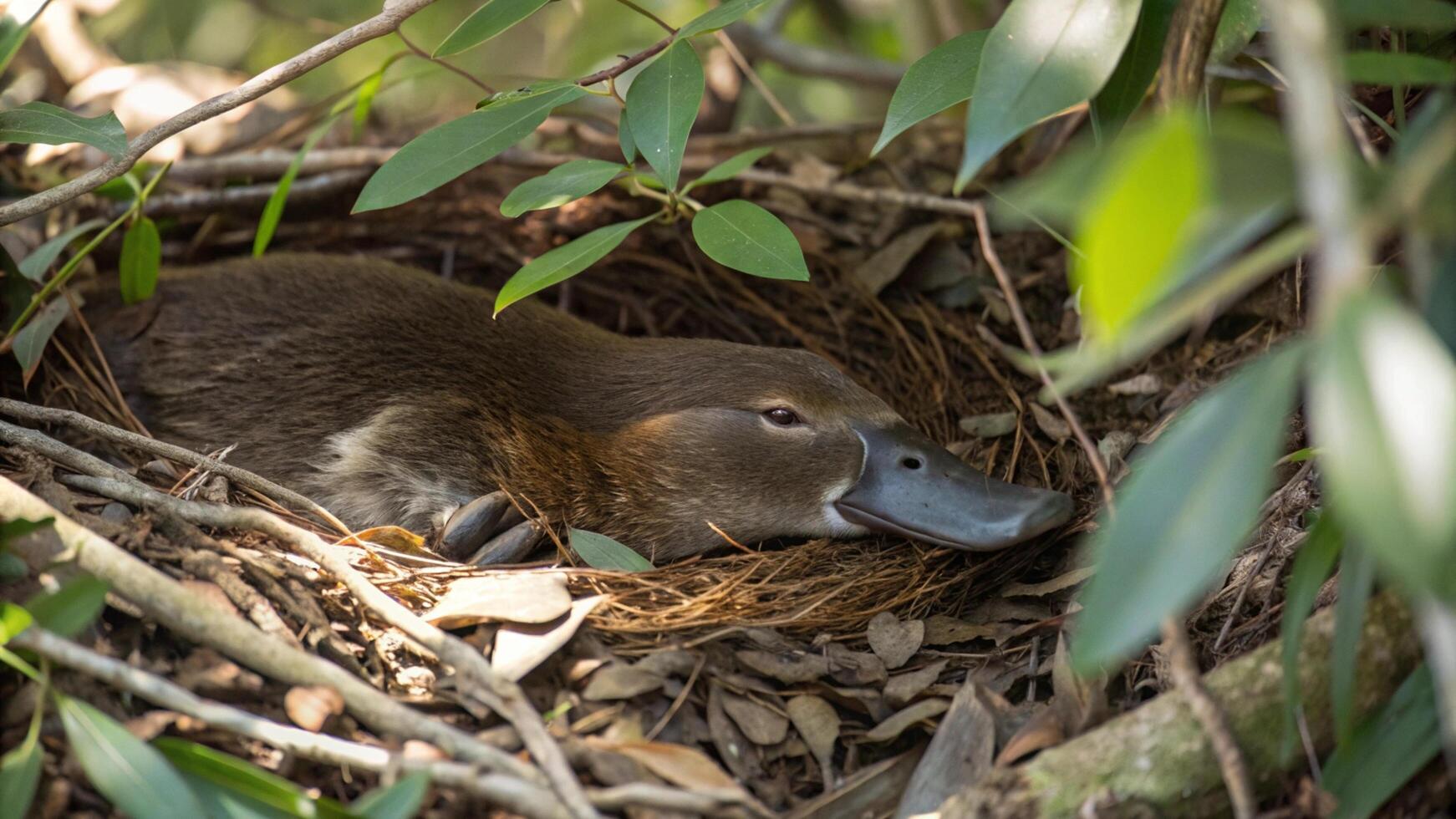 A duck laying in a nest of leaves photo