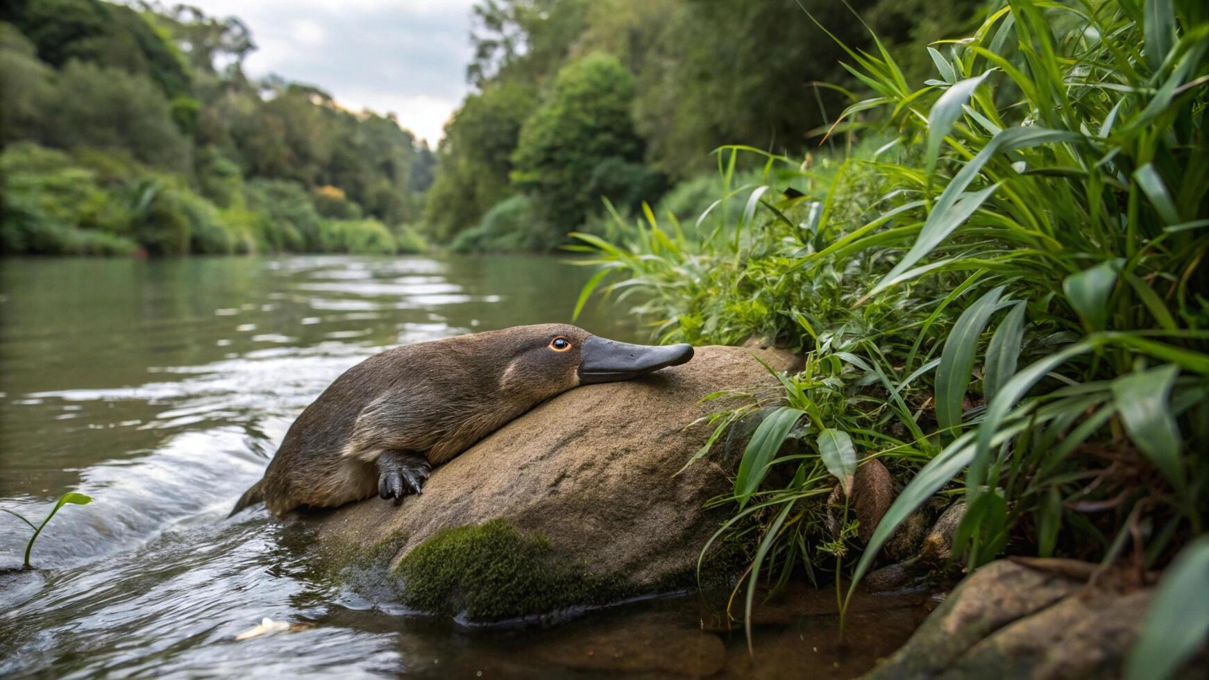 A platypus is sitting on a rock in the water photo