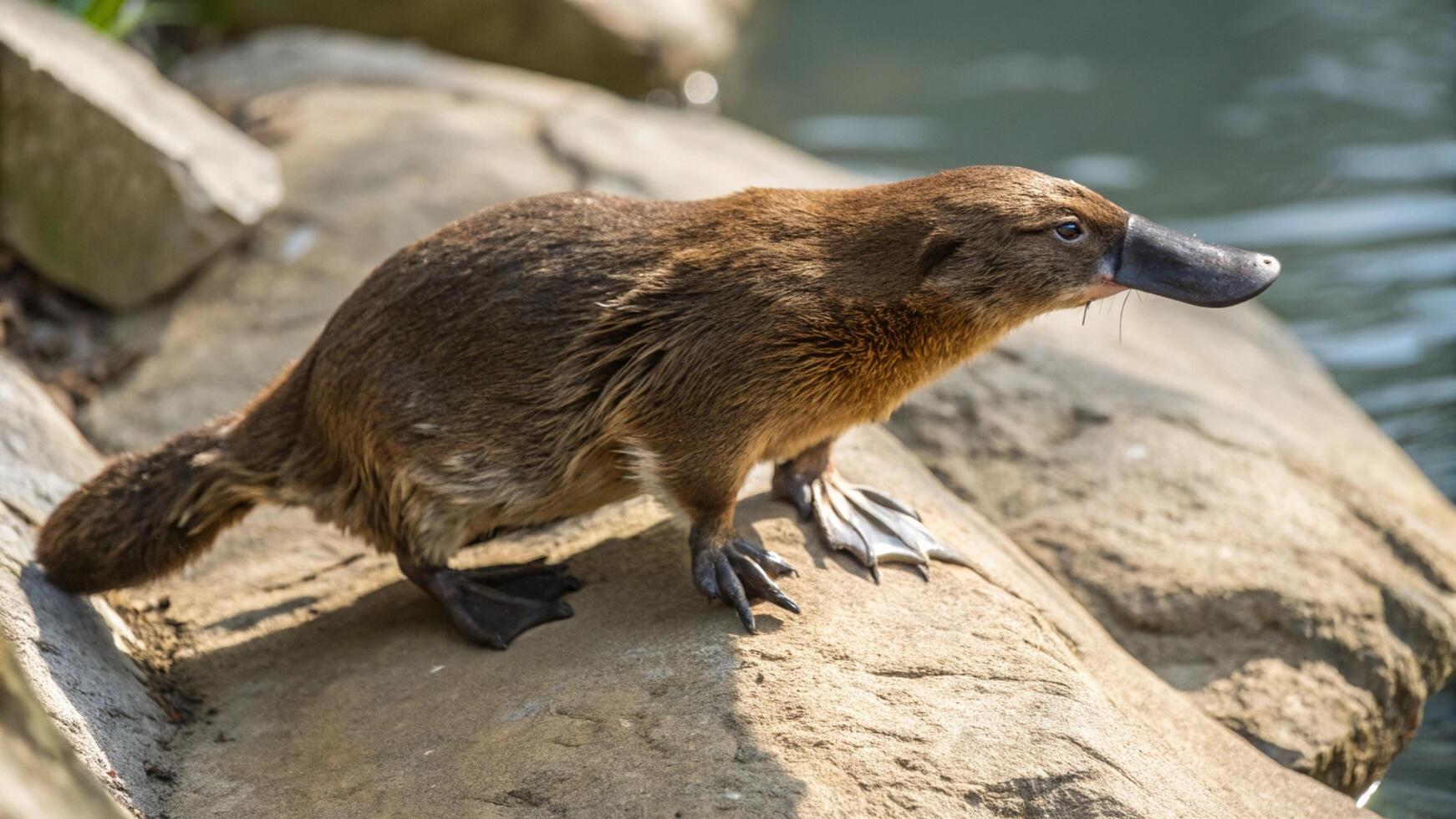 A platypus is standing on a rock near water photo