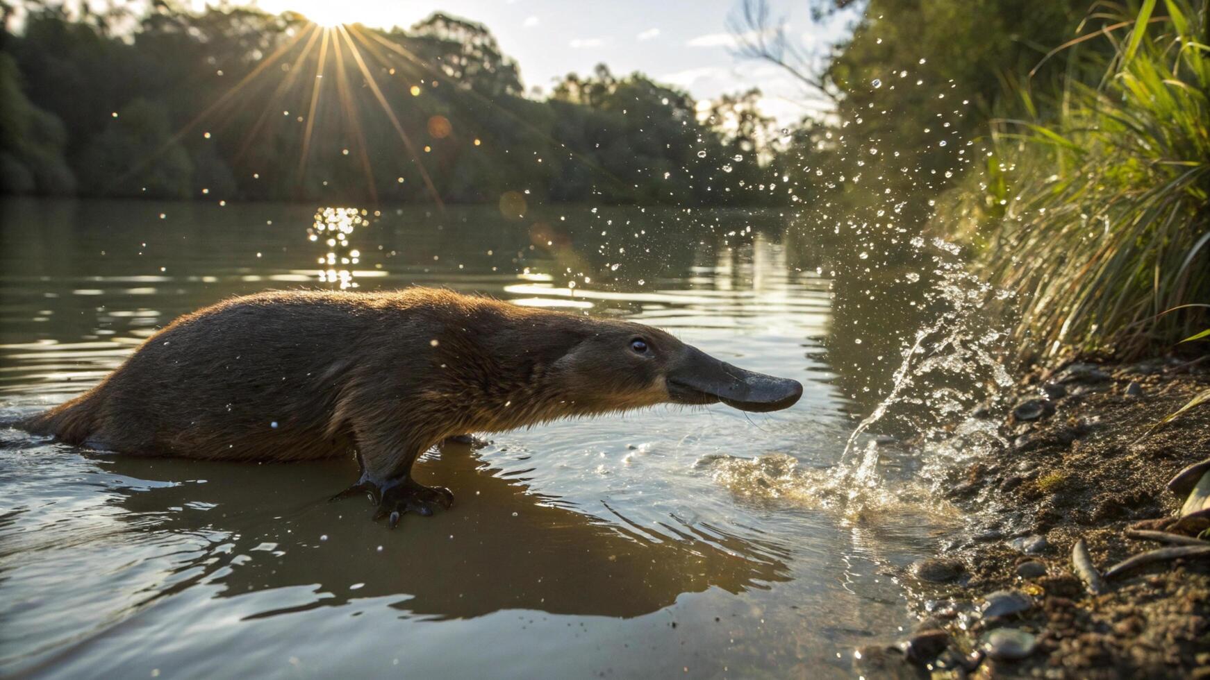 A platypus is splashing water into the water photo