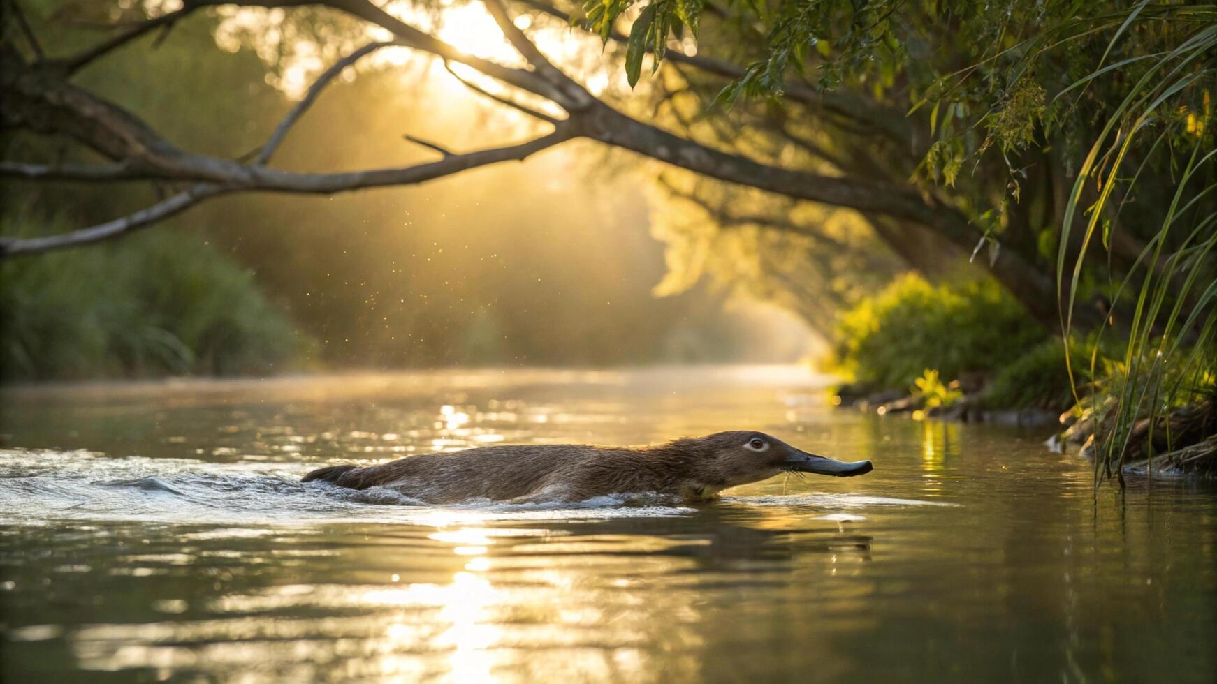 A duck swimming in a river with the sun shining photo