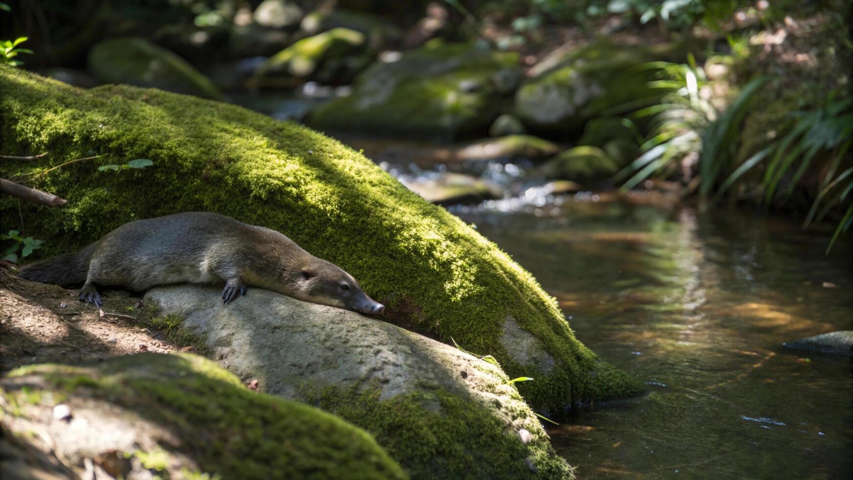 A small animal is sitting on a rock by a stream photo