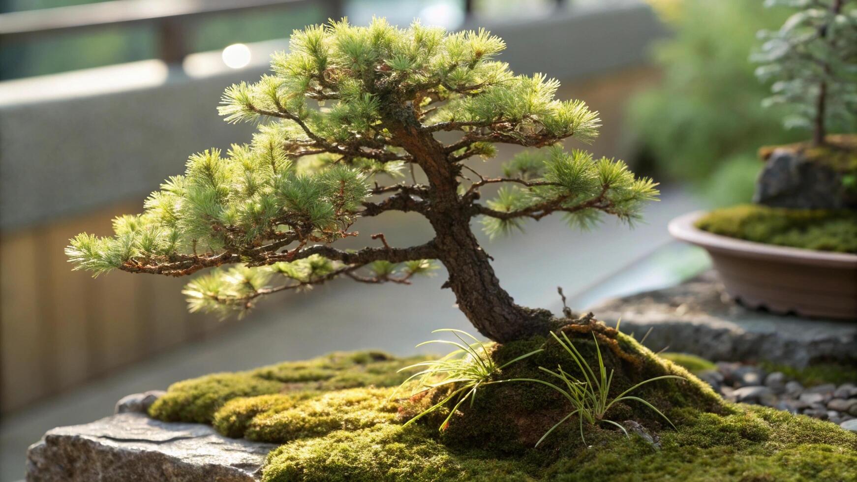 A bonsai tree is sitting on top of a rock photo