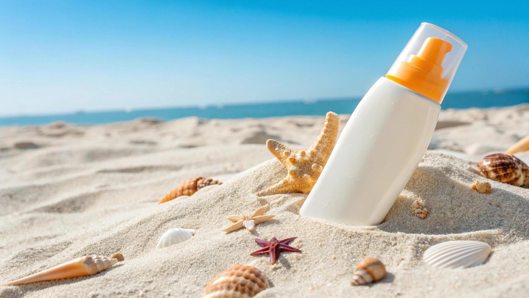 A bottle of sunscreen on the sand with shells photo