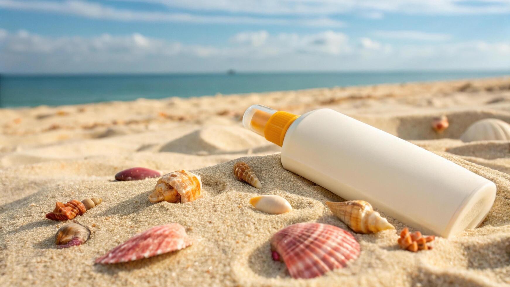 A bottle of sunscreen is on the sand with shells photo