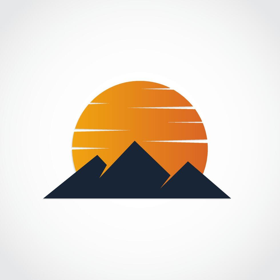 silhouette mountain with orange color sun logo design vector