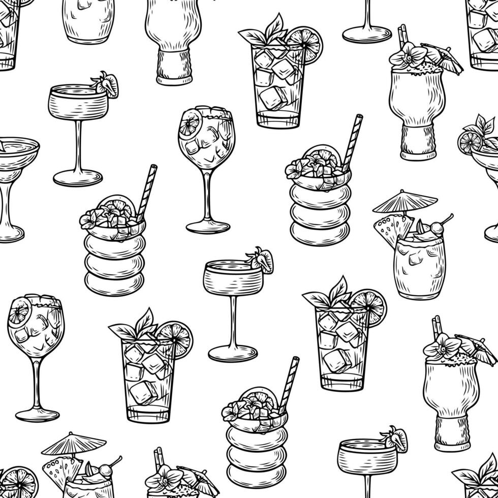 Seamless pattern with hand-drawn cocktail drinks in vintage engraving style on a white background vector