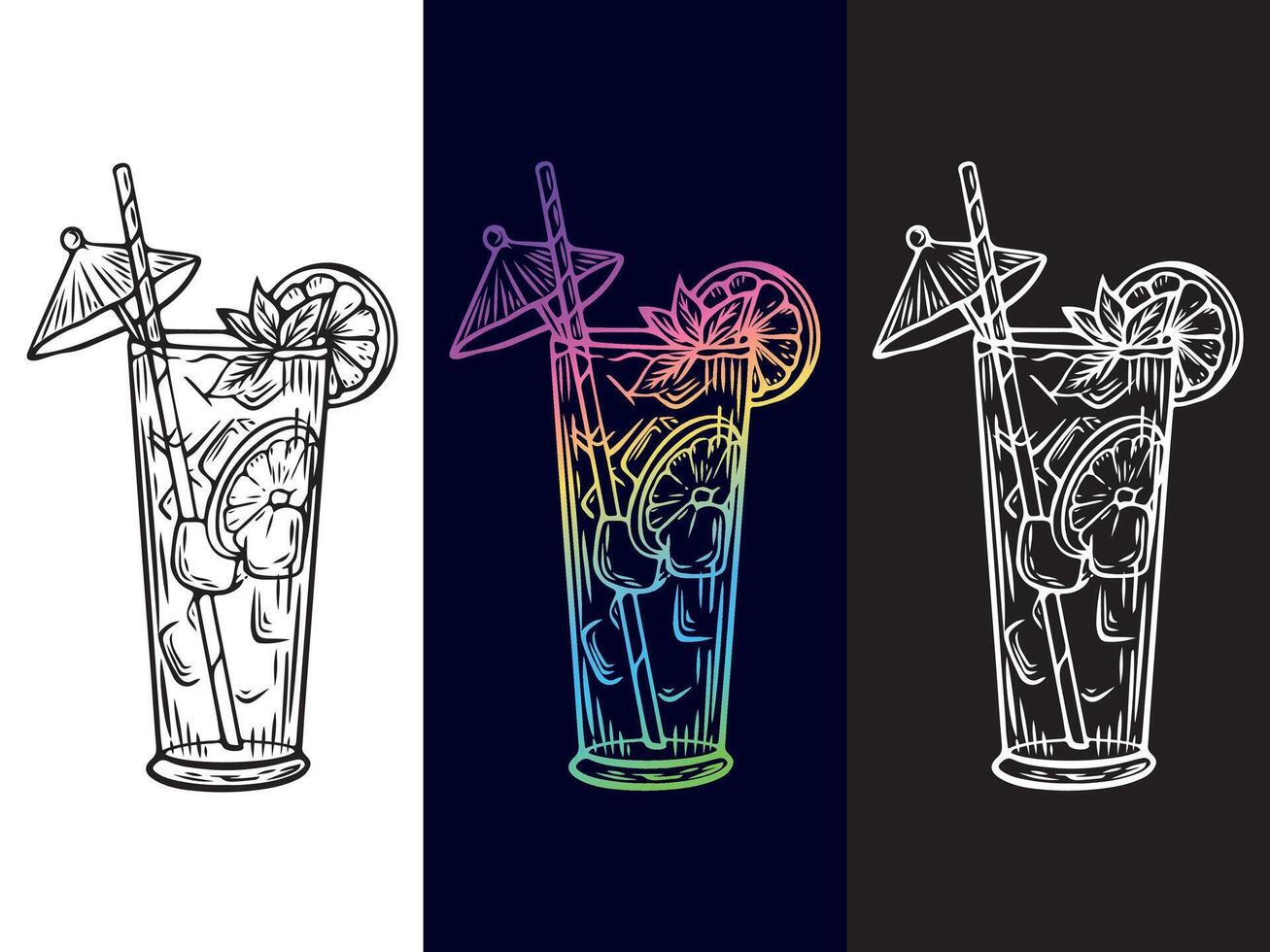 Tropical cocktail line art in three styles vector