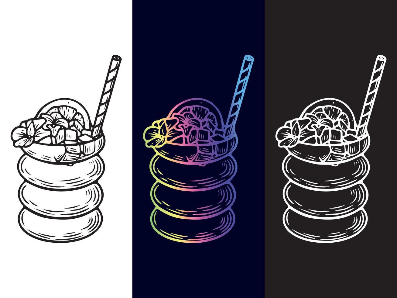 Tropical cocktail line art in three styles black, white, and rainbow gradient. vector