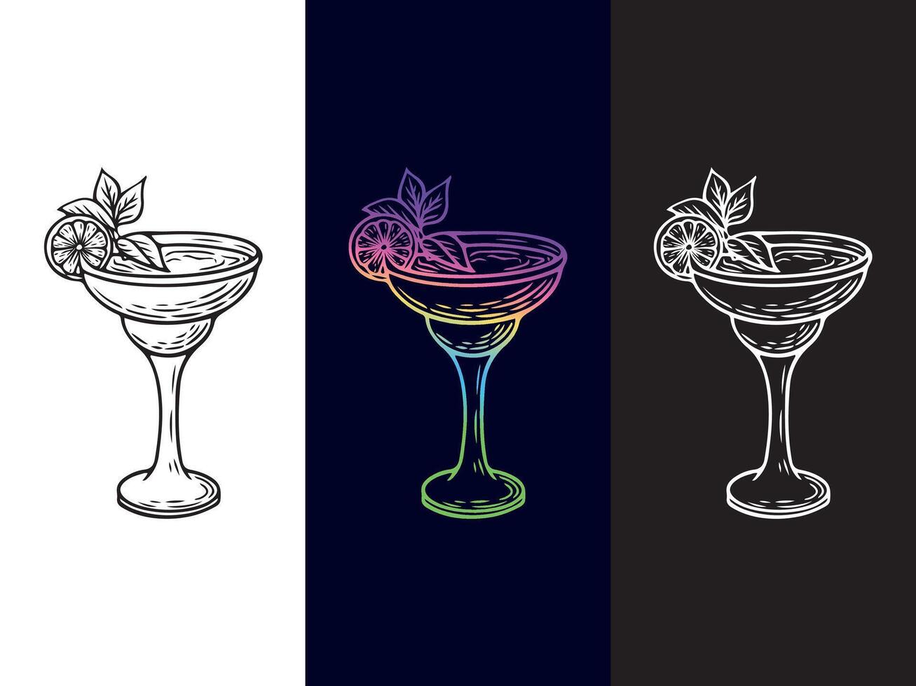Tropical cocktail line art in three styles black, white, and colorfull vector