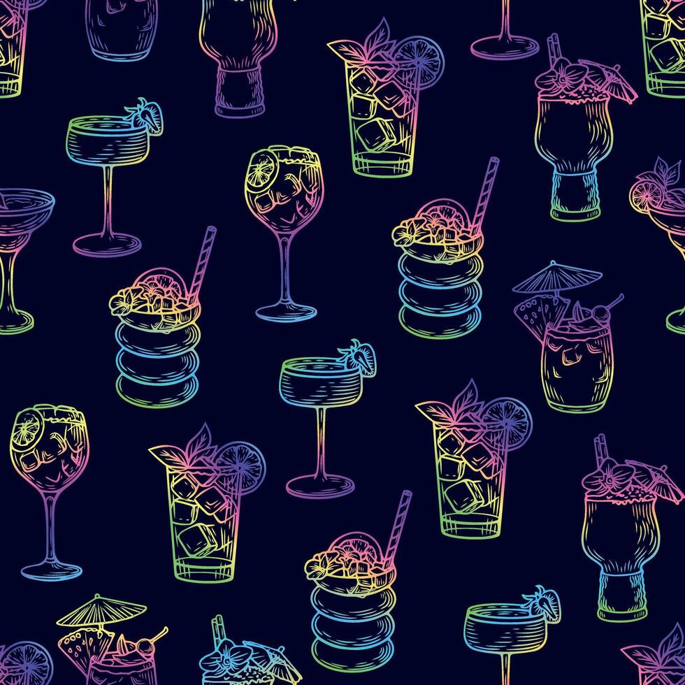 Seamless pattern with hand-drawncocktail colorfulldrinks in vintage engraving style on a dark background vector