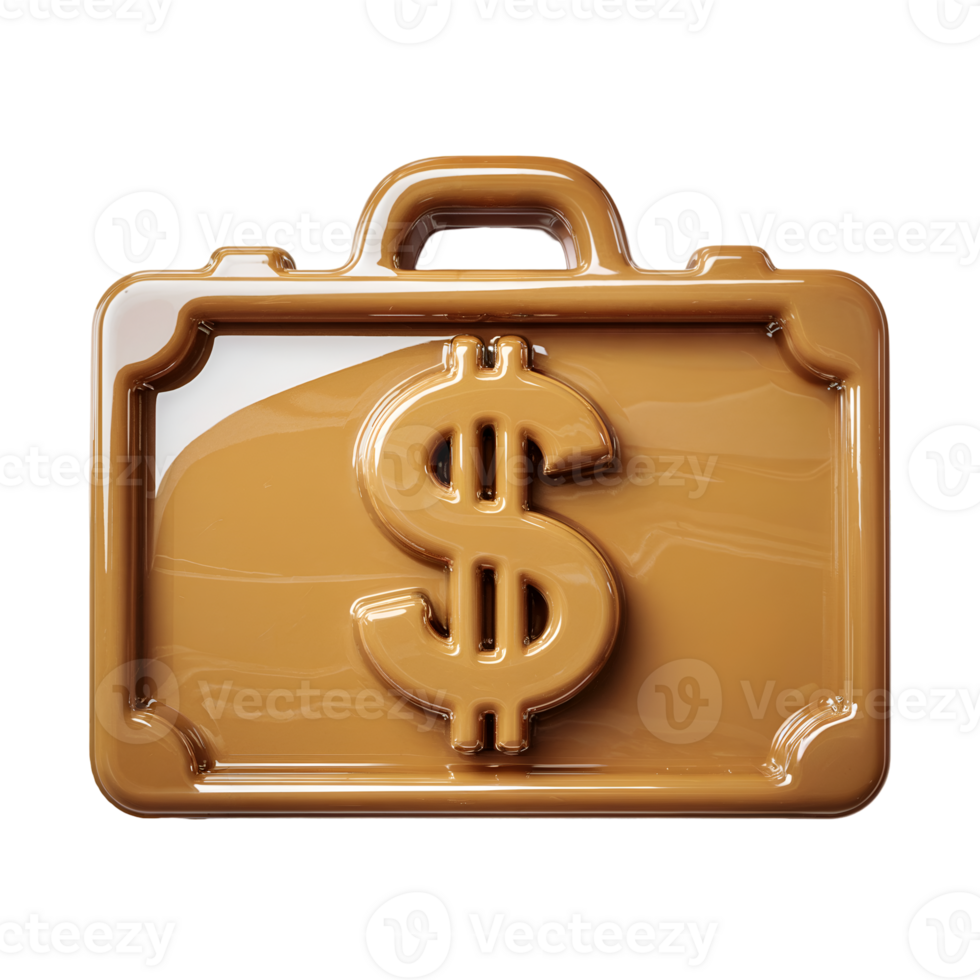 Glossy Brown Plastic Briefcase 3 D Icon Featuring a Large Embossed Dollar Sign Symbol isolated on a transparent background png