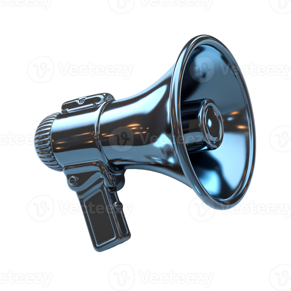 Shiny Metallic Blue 3 D Model of a Megaphone Isolated on a Transparent Background bullhorn loudspeaker png